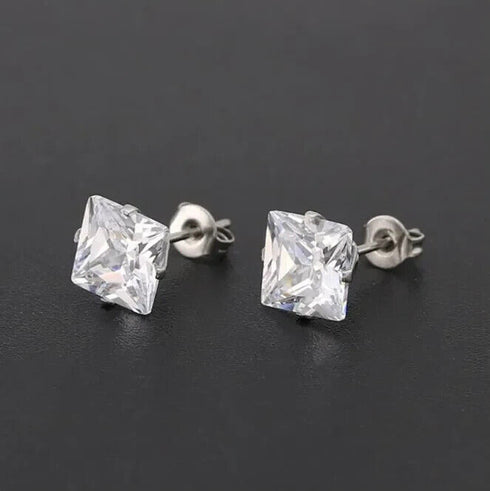 2 Pairs of 316L Surgical-Steel Black & Silver Square CZ Men Women Stud Earrings